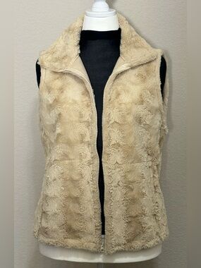Andrea Faye Vintage Cream Faux Fur Cabincore Swirl Pattern Full Zip Vest Size M